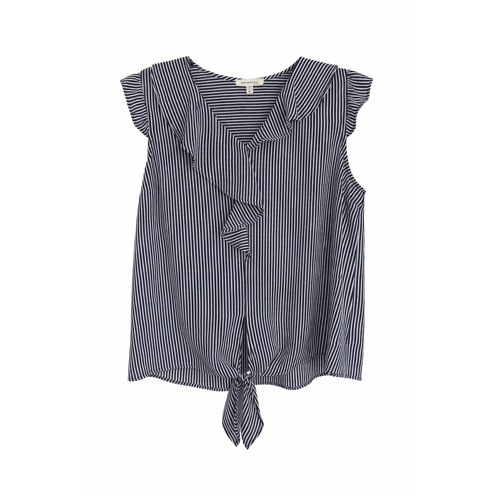 Monteau Los Angeles Black White Striped Ruffle V-Neck Tie Front Blouse Size XL